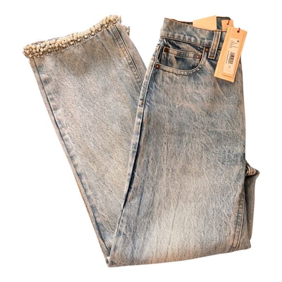 Alice + Olivia Women's Rockstar Blue Ora High Rise Embellished Jeans Size 24 - Picture 2 of 15